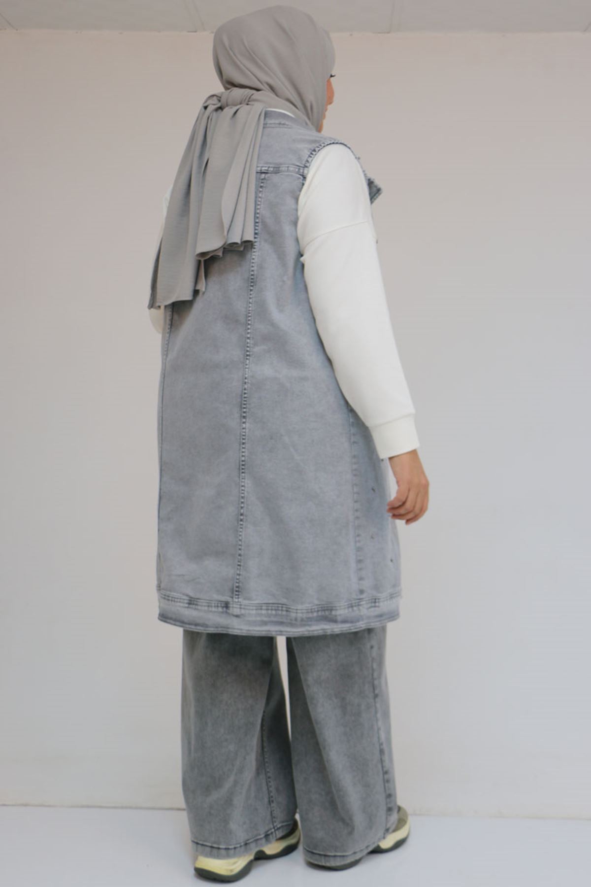 54007 Büyük Beden Çift Cepli İnci Çakmalı Kot Yelek - Kar Yıkama Gri