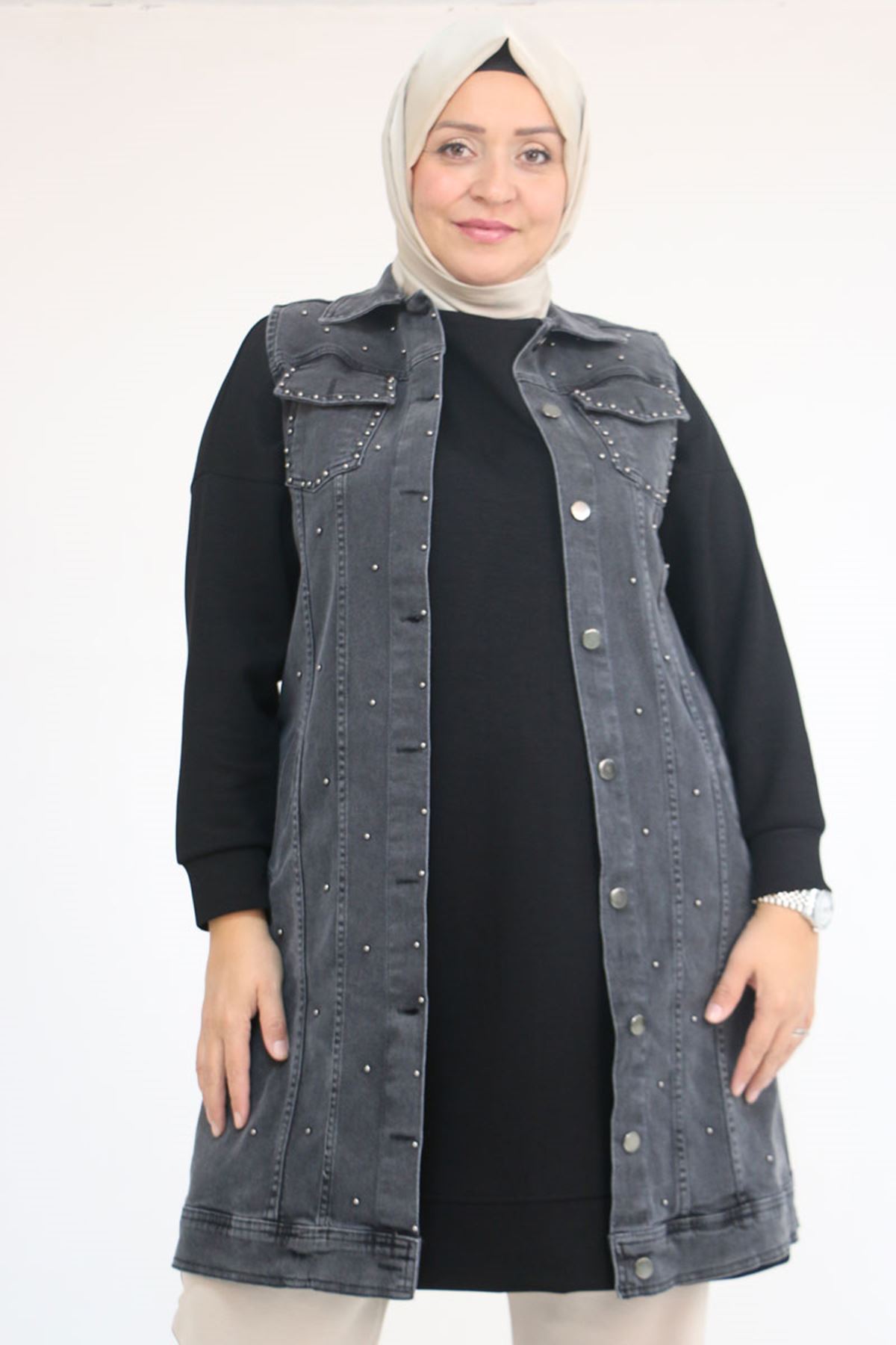 54007 Büyük Beden Çift Cepli İnci Çakmalı Kot Yelek - Kar Ykama Siyah