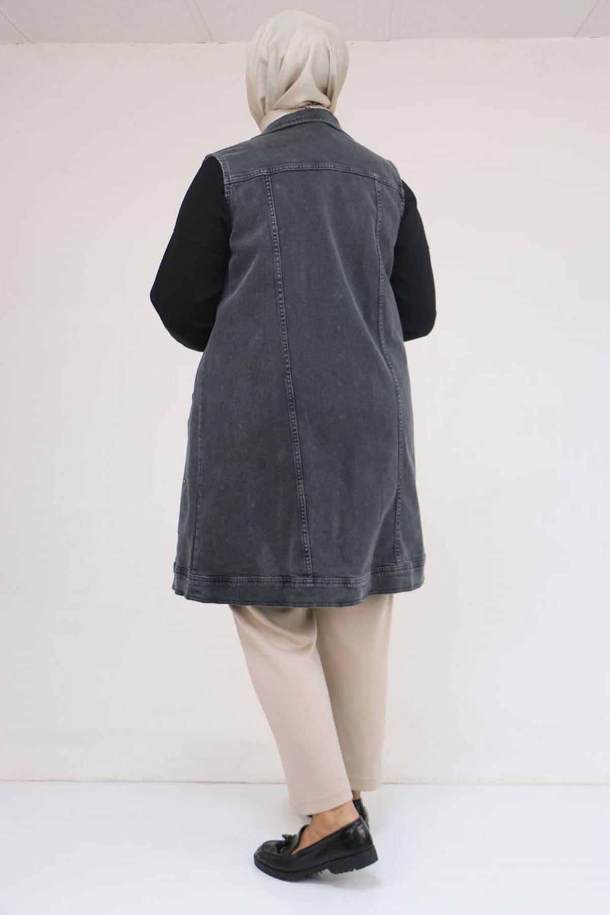 54007 Büyük Beden Çift Cepli İnci Çakmalı Kot Yelek - Kar Ykama Siyah