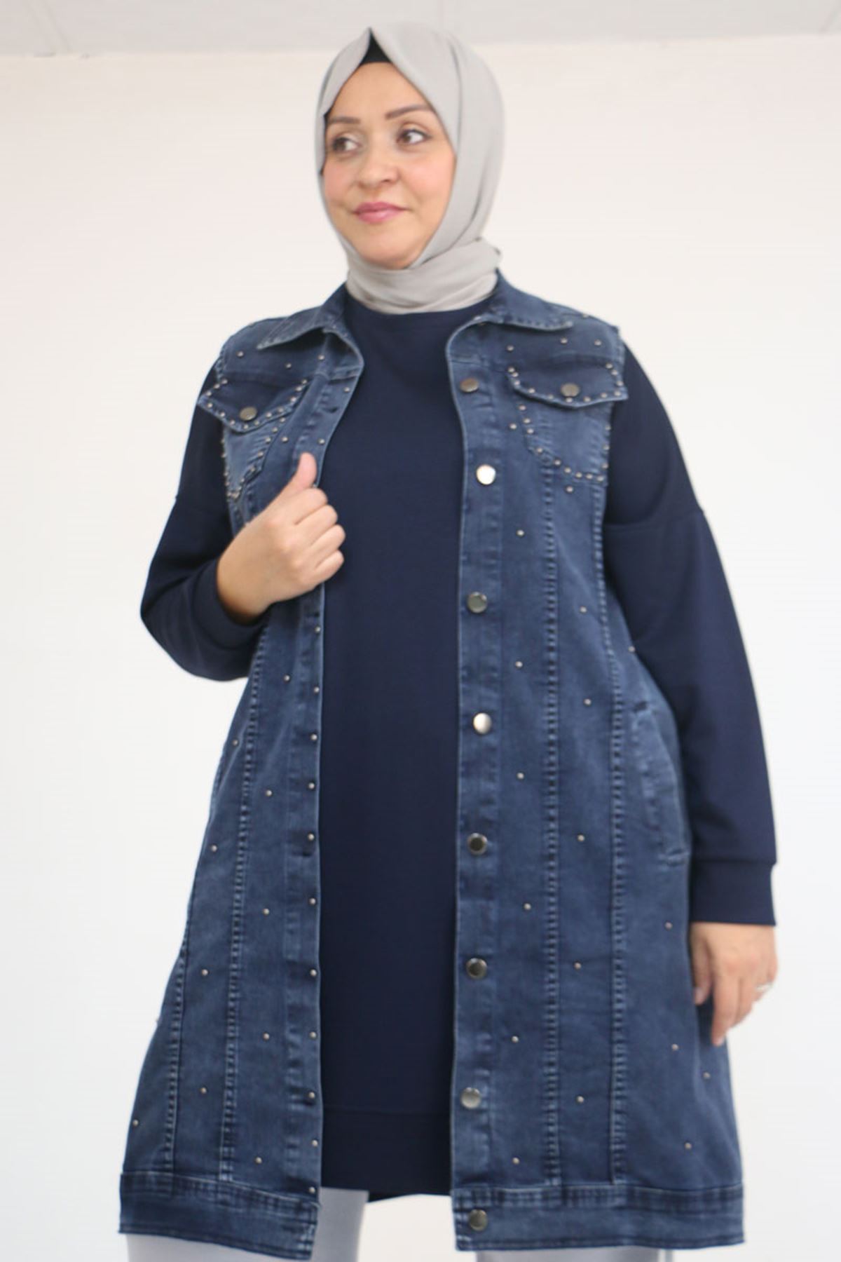 54007 Büyük Beden Çift Cepli İnci Çakmalı Kot Yelek - Kar Yıkama Lacivert