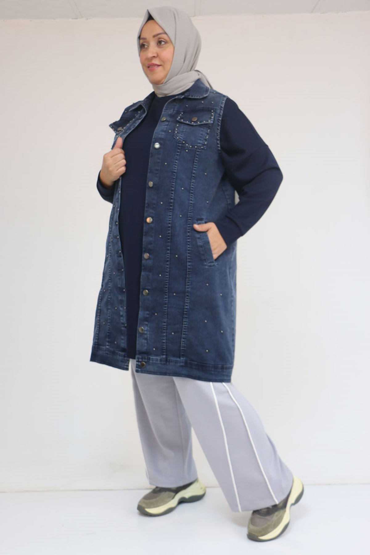 54007 Büyük Beden Çift Cepli İnci Çakmalı Kot Yelek - Kar Yıkama Lacivert