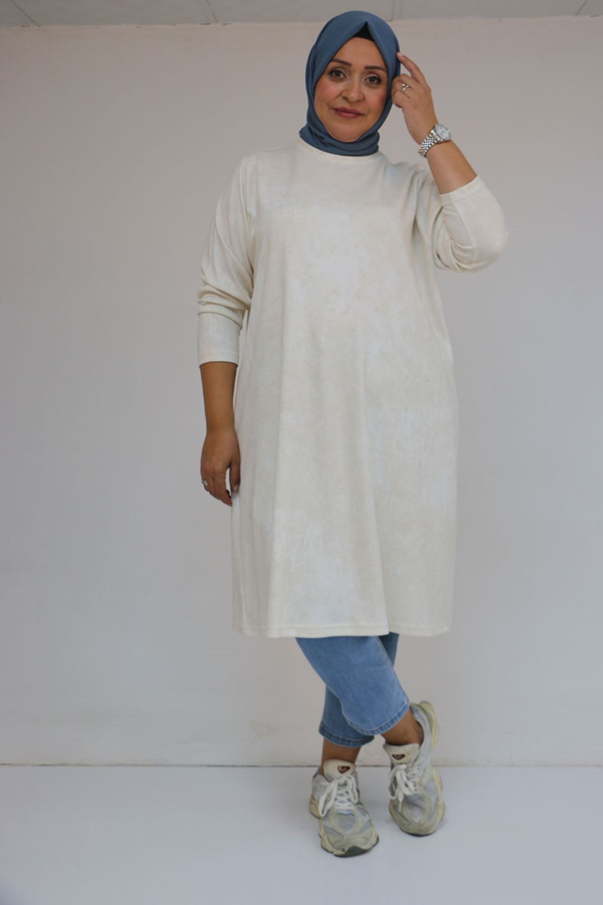 58153 Büyük Beden Basic Batik Modal Tunik - Batik Ekru