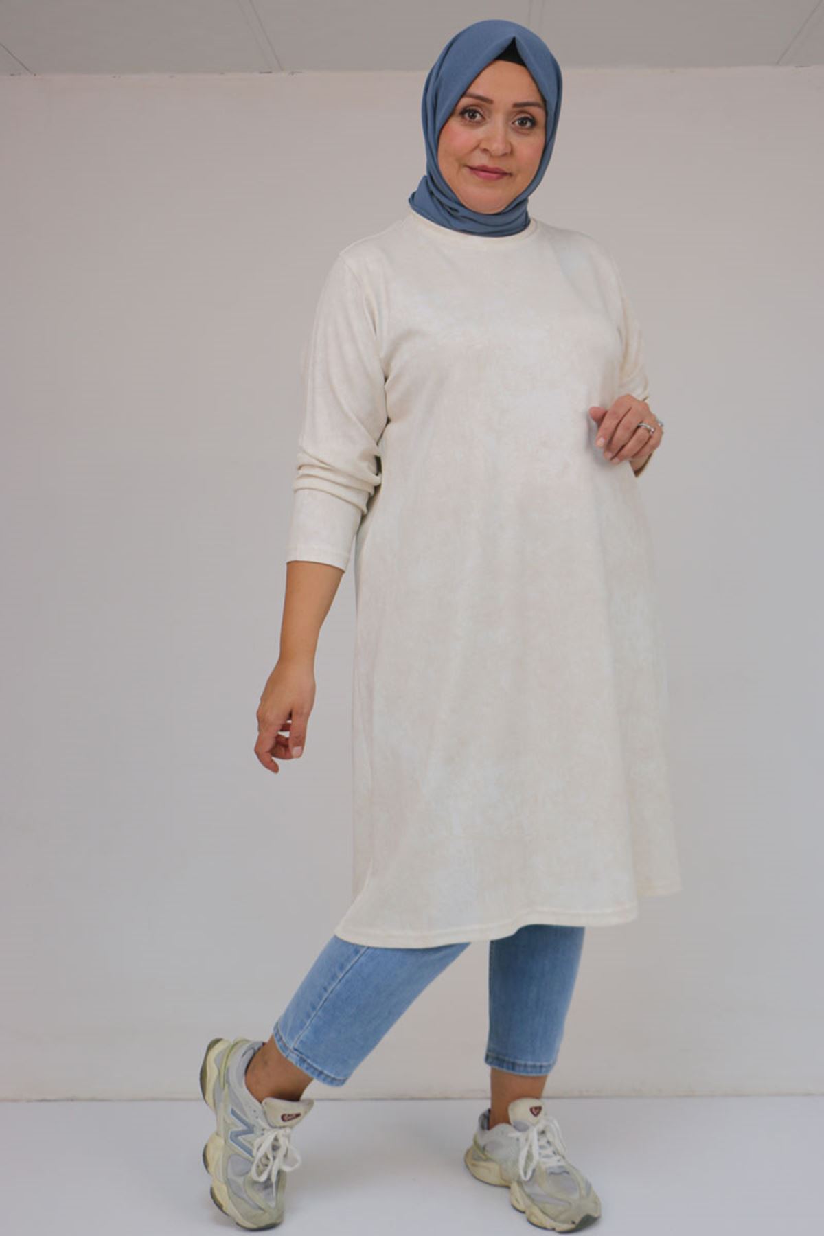 58153 Büyük Beden Basic Batik Modal Tunik - Batik Ekru