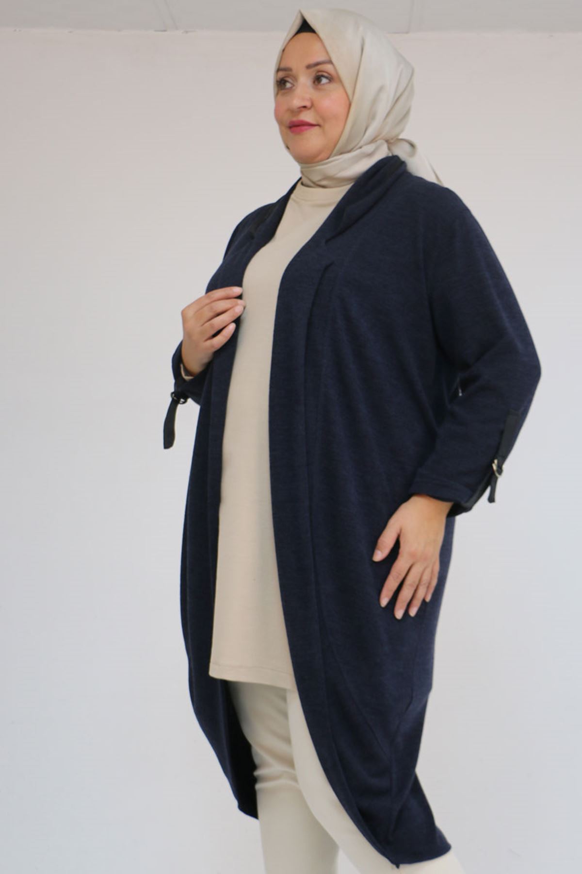 33056 Büyük Beden Petek Triko Waterport Detaylı Ceket - Lacivert