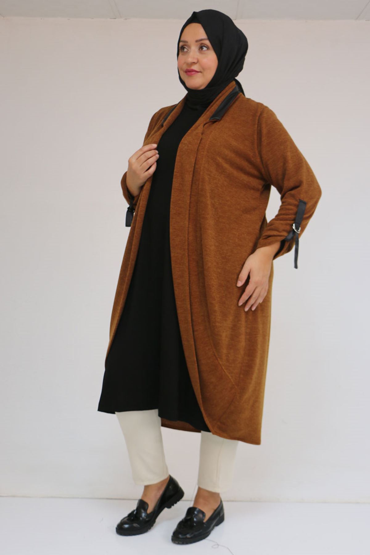 33056 Büyük Beden Petek Triko Waterport Detaylı Ceket -Taba