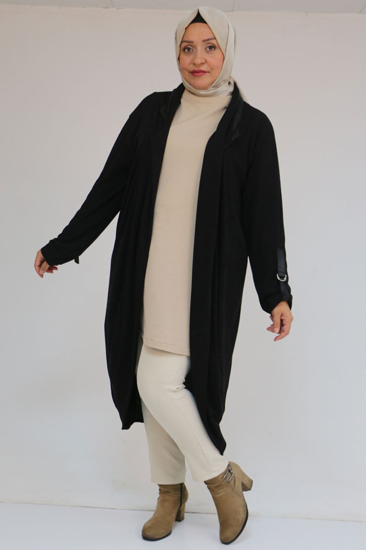 33056 Büyük Beden Petek Triko Waterport Detaylı Ceket -Siyah