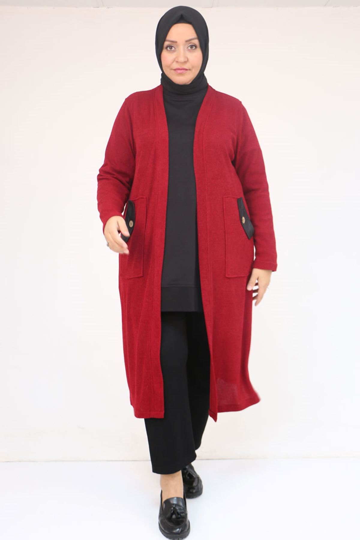 53035 Büyük Beden Cep Detaylı Mir Ceket - Bordo