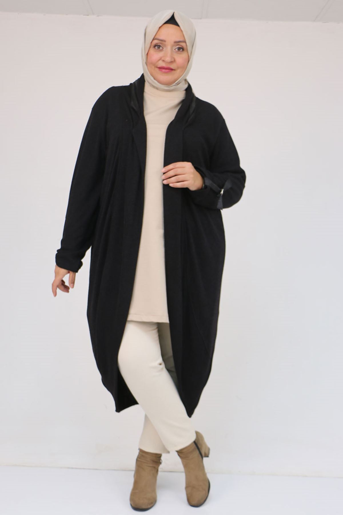 33056 Büyük Beden Petek Triko Waterport Detaylı Ceket -Siyah