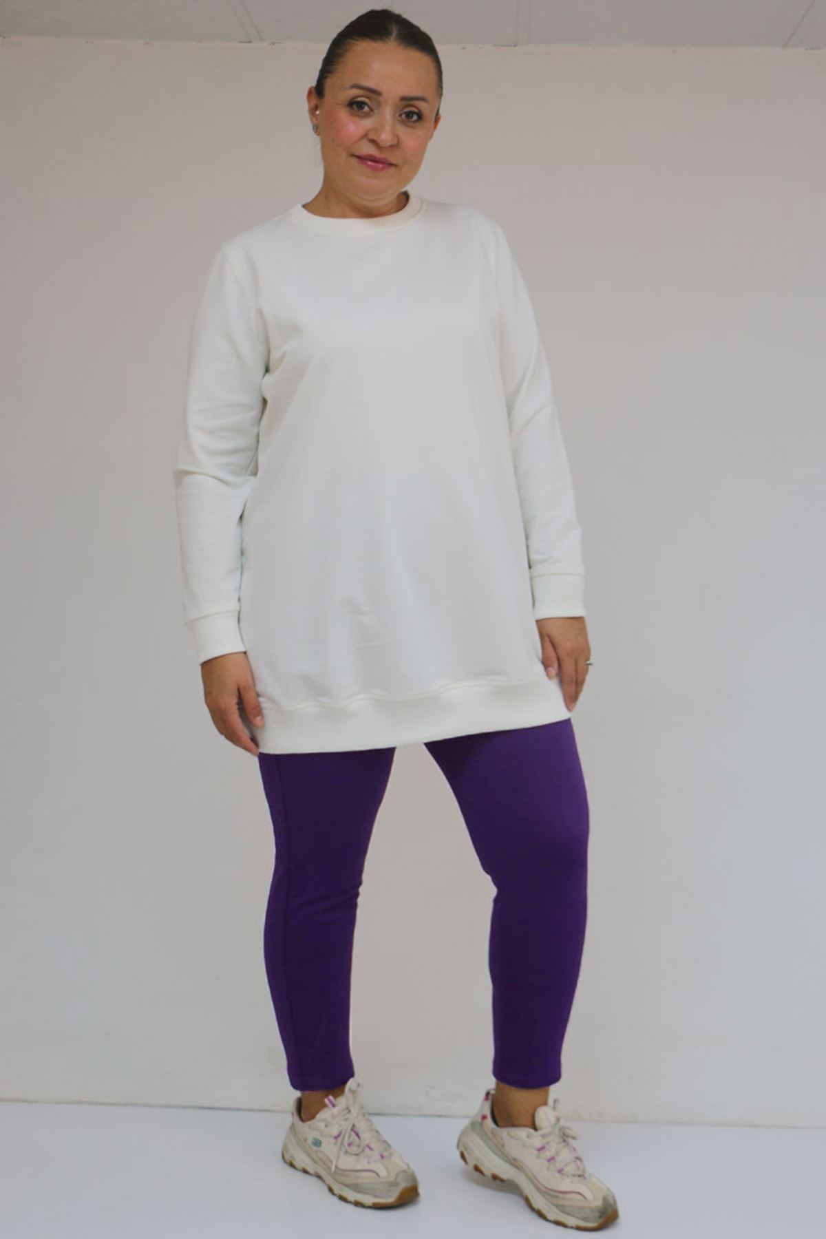 59503 Büyük Beden Beli Lastikli İçi Şardonlu Tayt - Mor