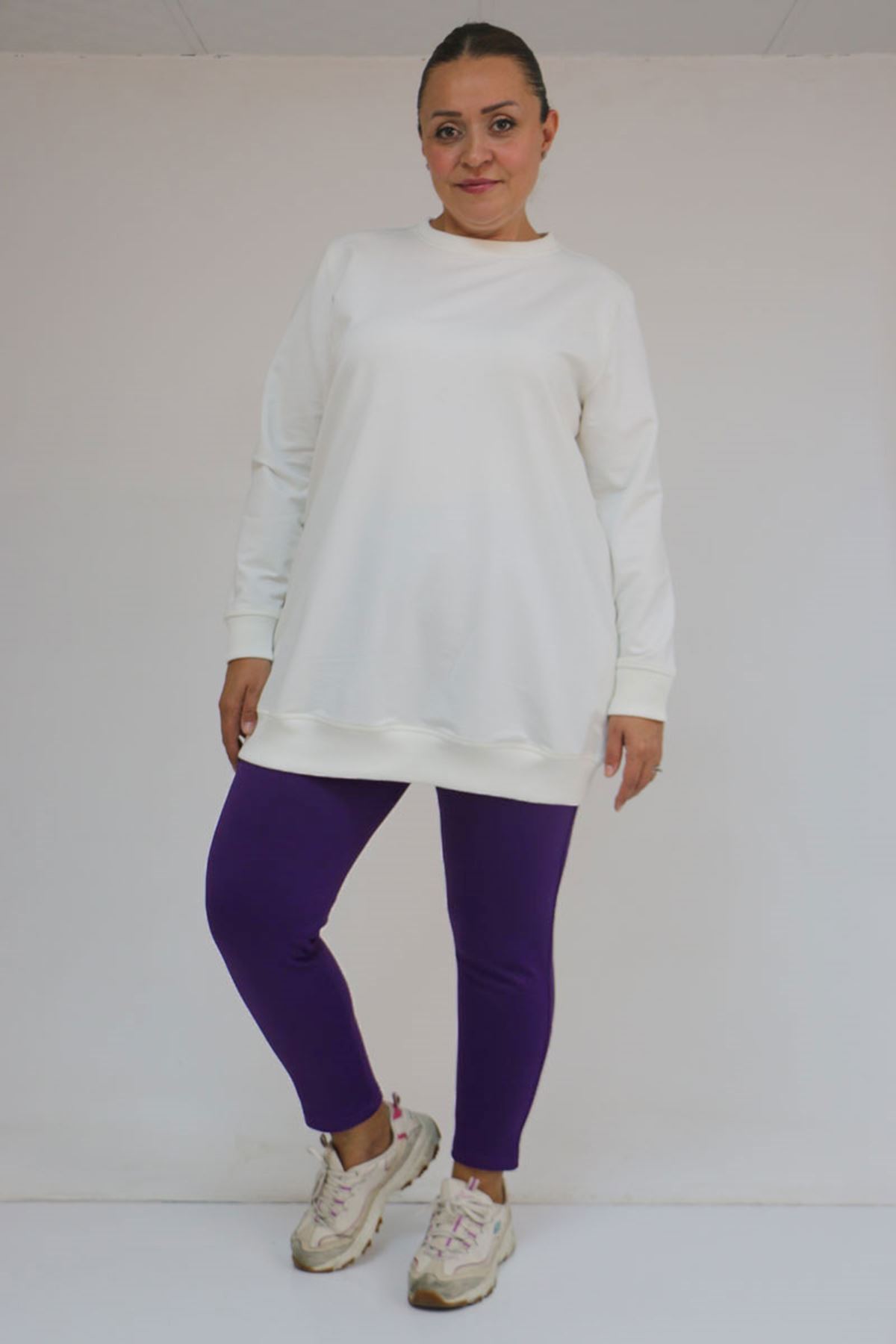 59503 Büyük Beden Beli Lastikli İçi Şardonlu Tayt - Mor