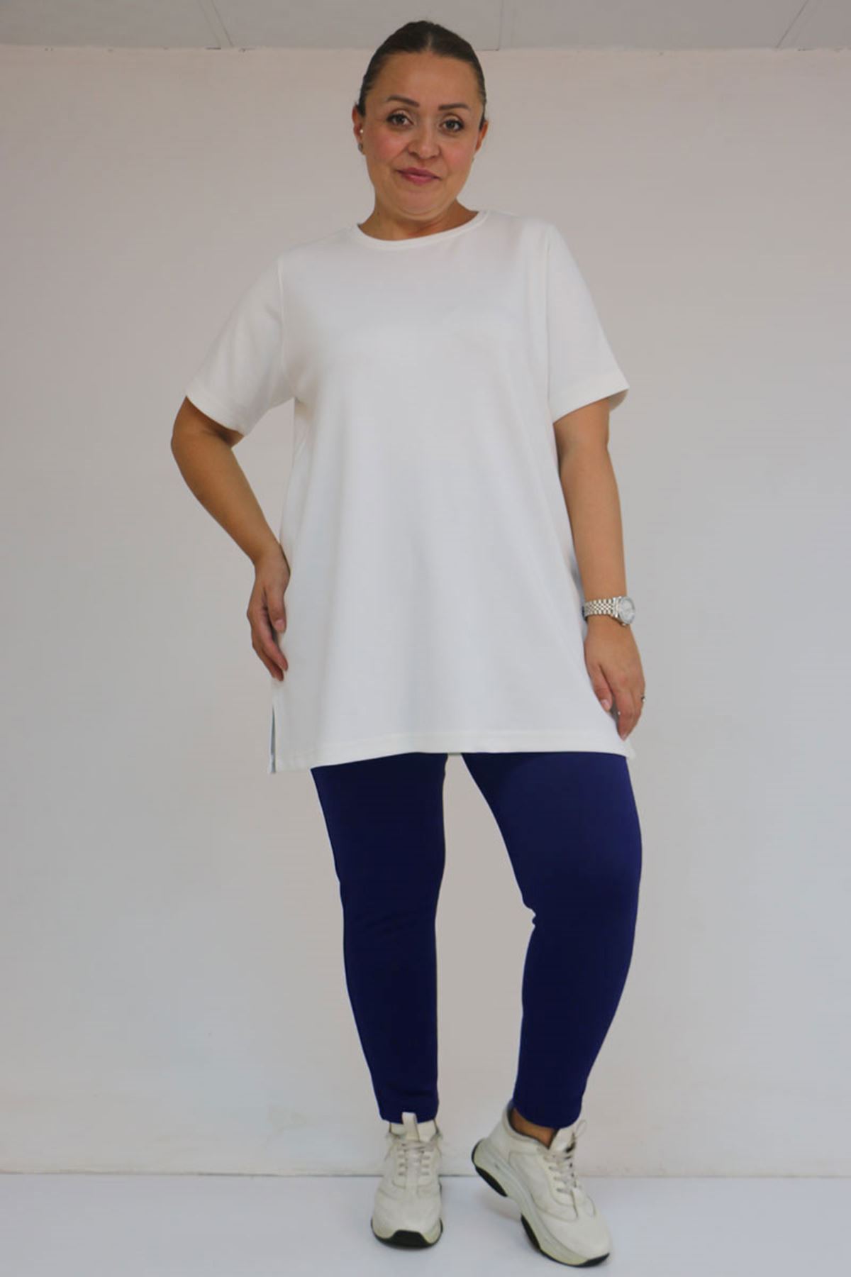 59503 Büyük Beden Beli Lastikli İçi Şardonlu Tayt - Lacivert