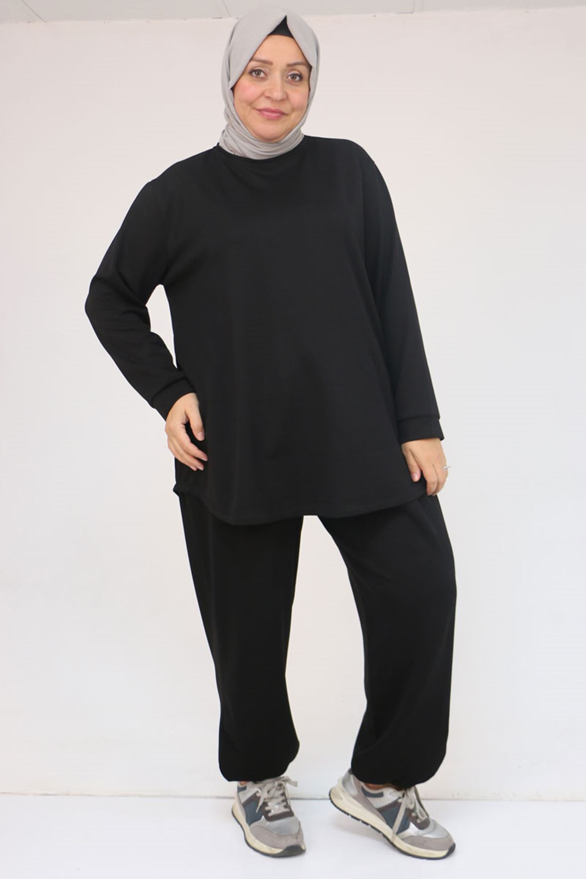 57058 Büyük Beden Pantolonlu Modal İkili Takım - Siyah