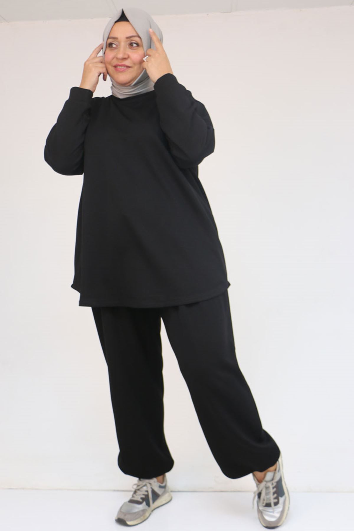 57058 Büyük Beden Pantolonlu Modal İkili Takım - Siyah