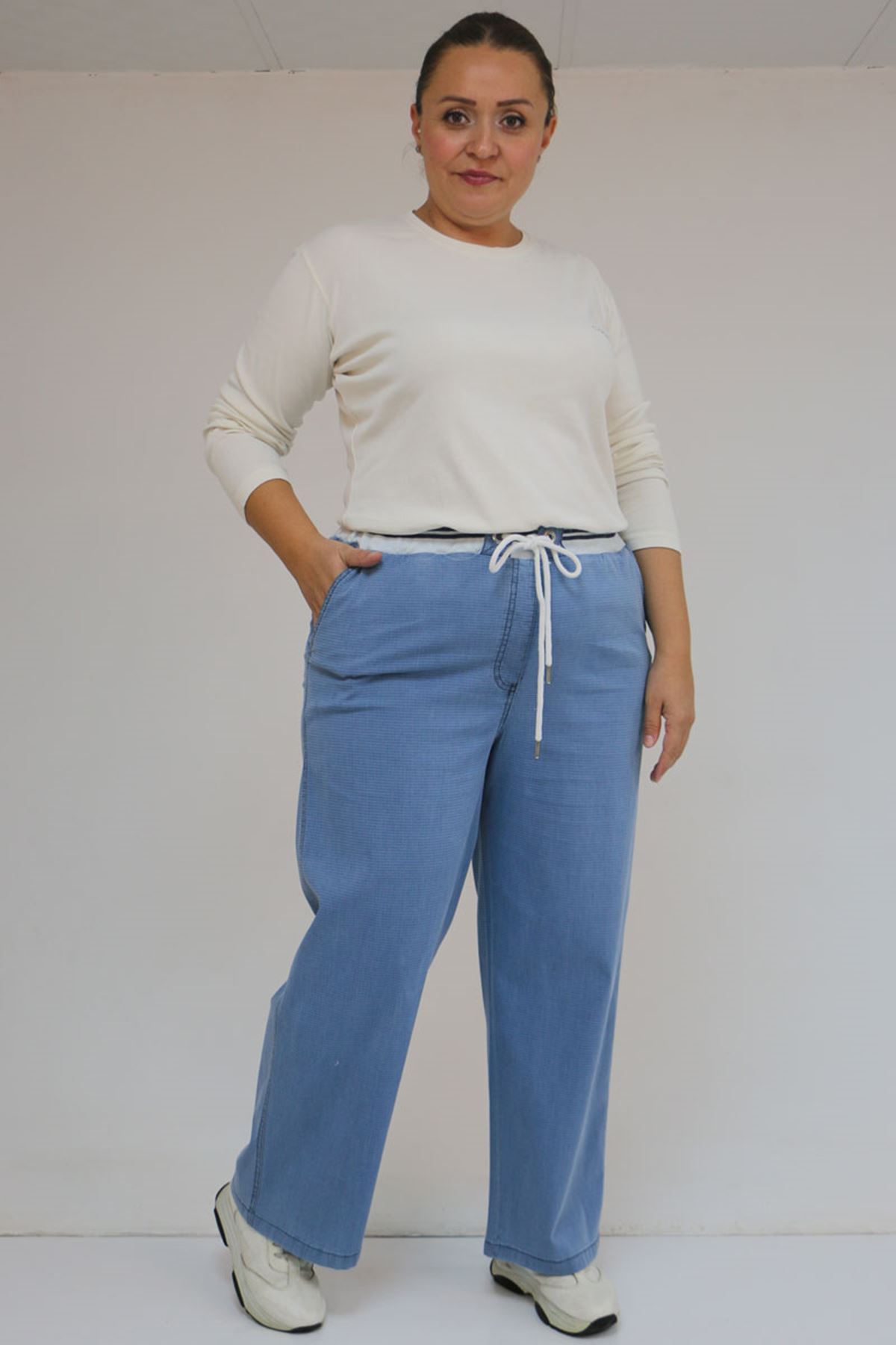 D-59032 Büyük Beden Beli Ribanalı Kot Pantolon - Petekli