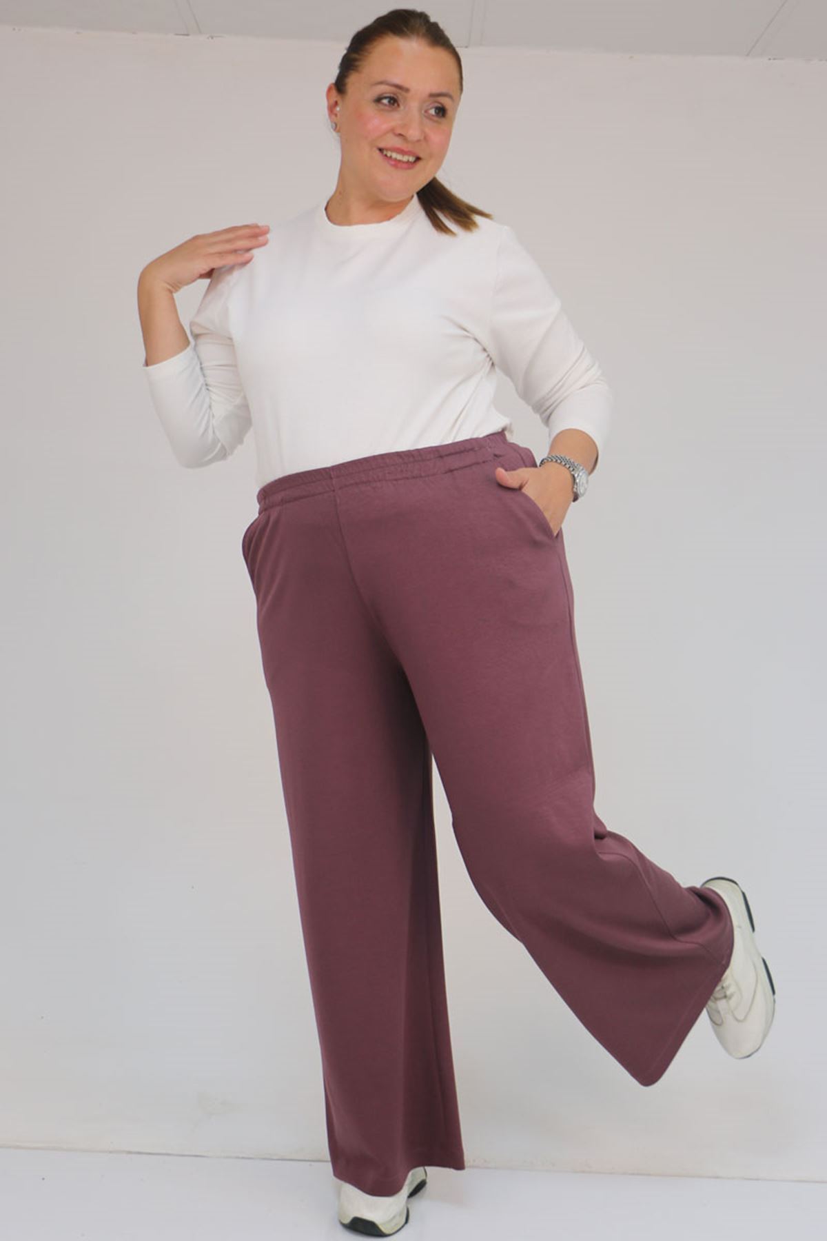 59026 Büyük Beden Beli Lastikli Modal Pantolon - Gül Kurusu