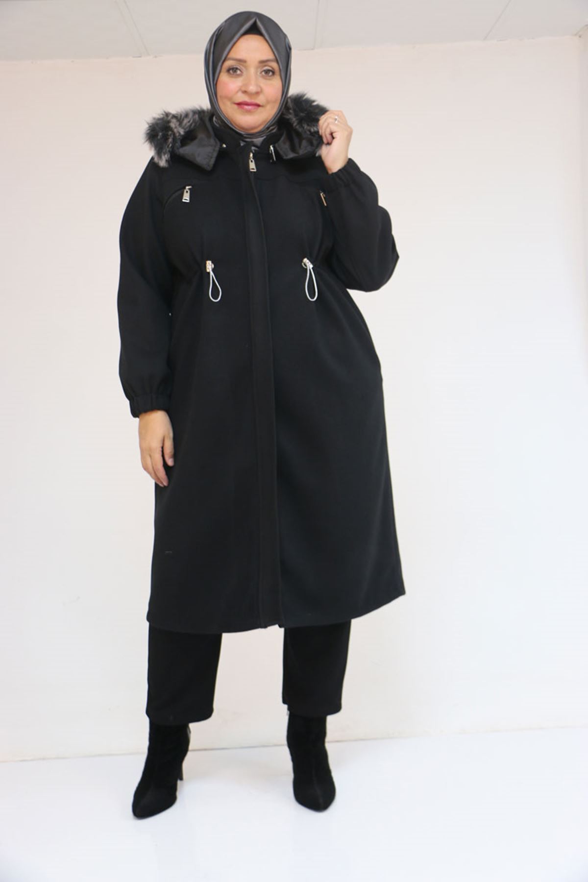 43087 Büyük Beden Kolları Lastikli Kapşonlu Kaşe Kaban - Siyah