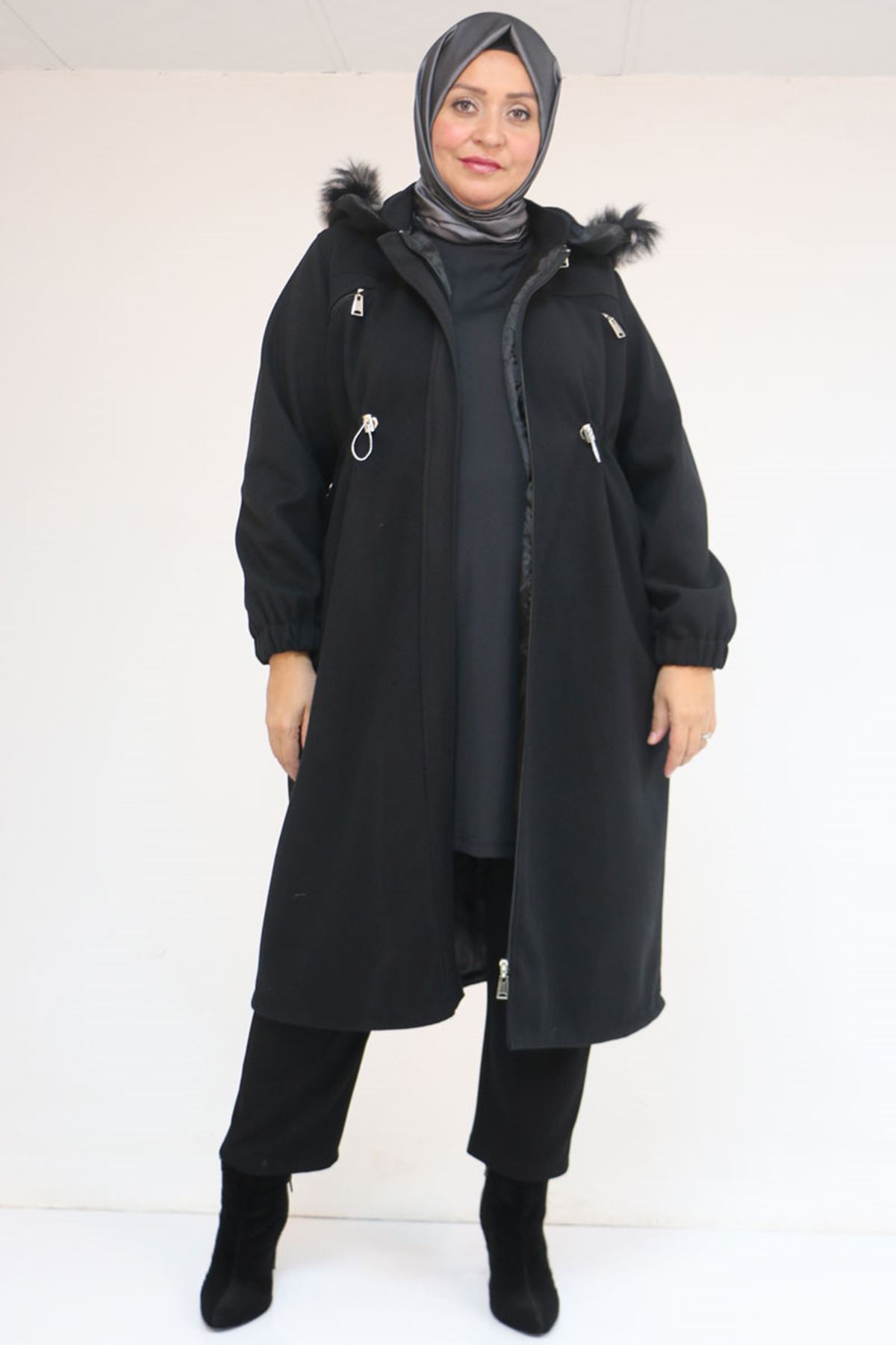 43087 Büyük Beden Kolları Lastikli Kapşonlu Kaşe Kaban - Siyah