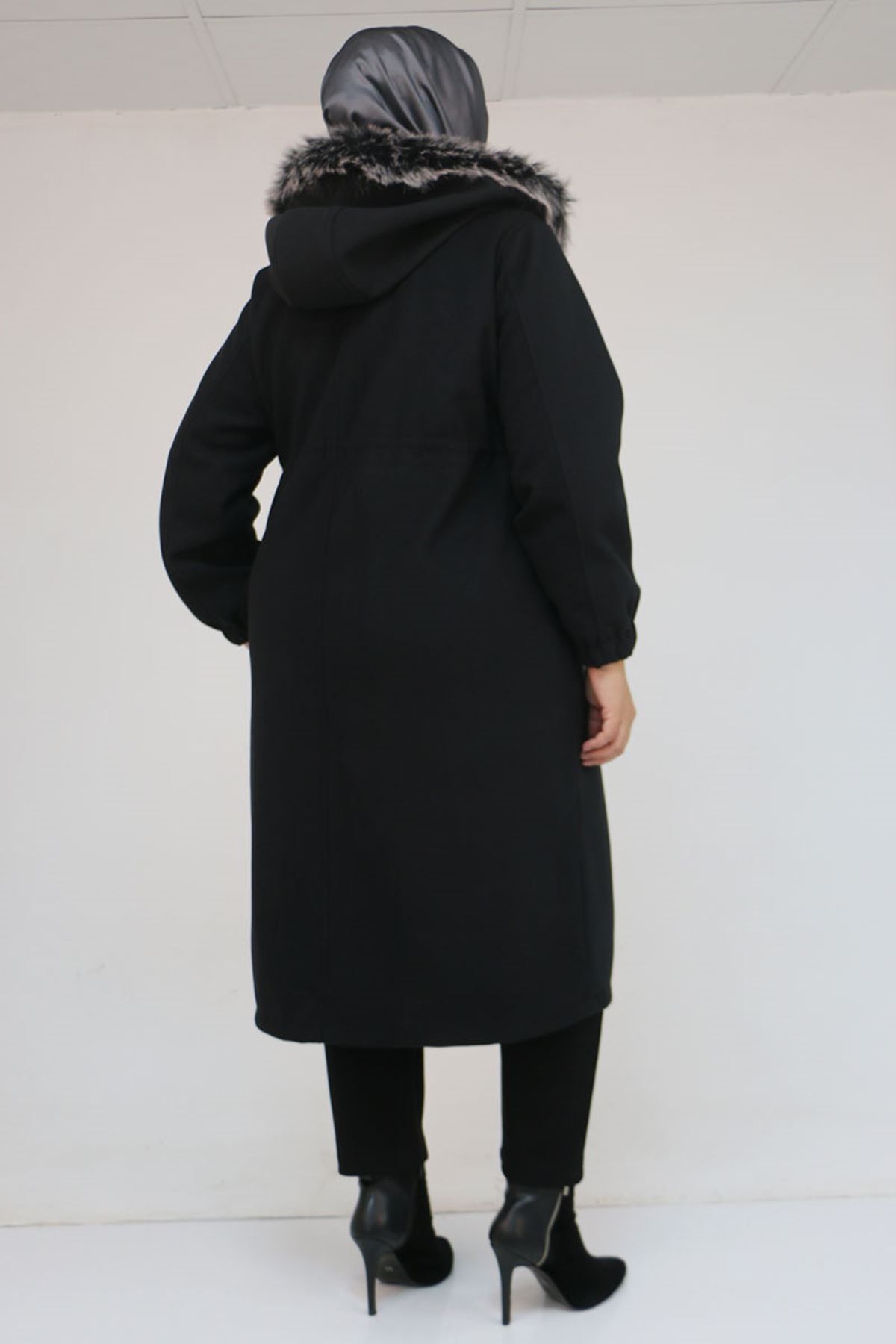 43087 Büyük Beden Kolları Lastikli Kapşonlu Kaşe Kaban - Siyah