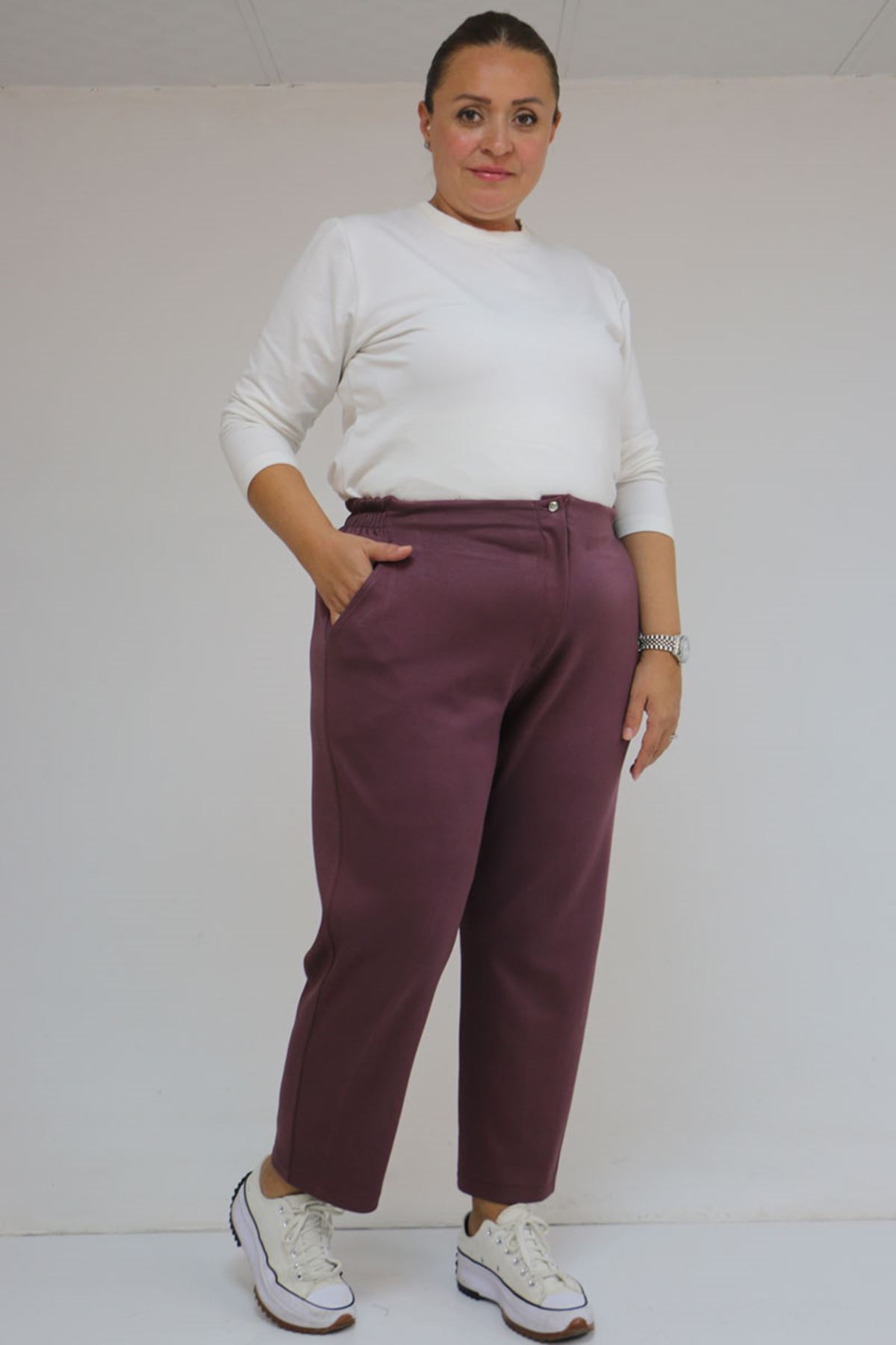 59013 Büyük Beden Arkası Lastikli Cepli Modal Pantolon - Gül Kurusu