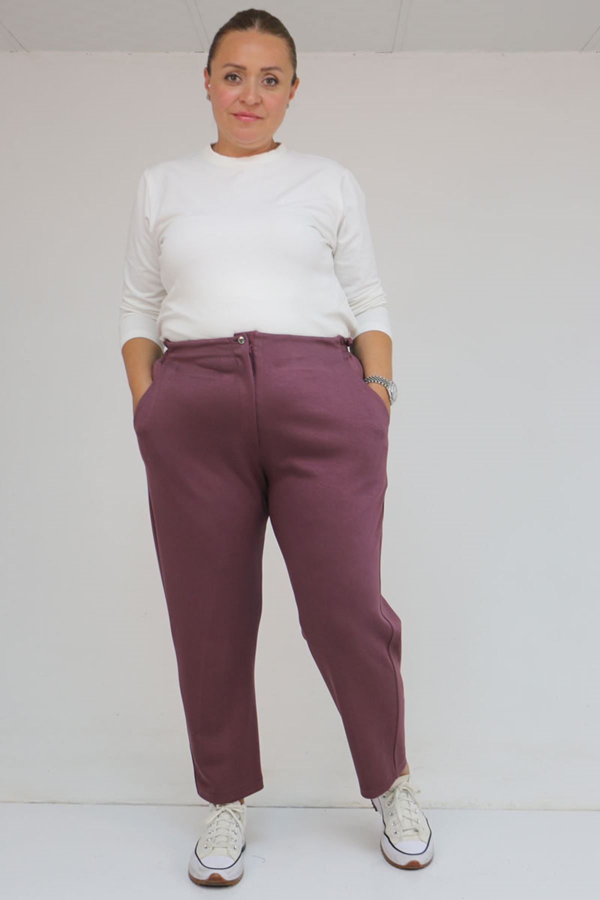 59013 Büyük Beden Arkası Lastikli Cepli Modal Pantolon - Gül Kurusu