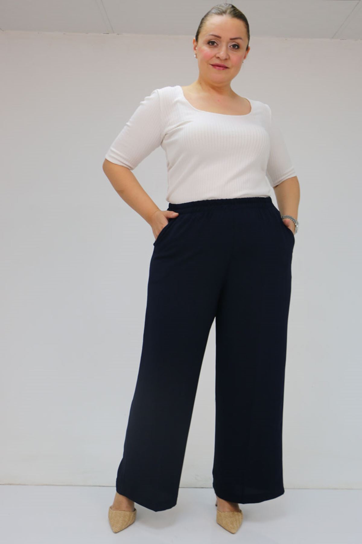 59014 Büyük Beden Beli Lastikli Bolpaça Pantolon - Lacivert