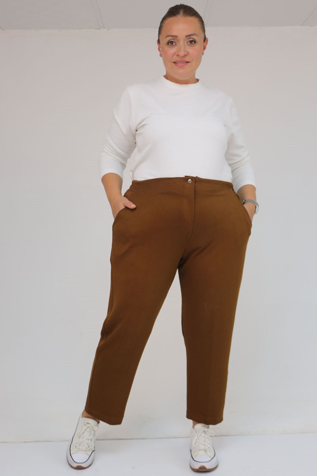 59013 Büyük Beden Arkası Lastikli Cepli Modal Pantolon - Kahve