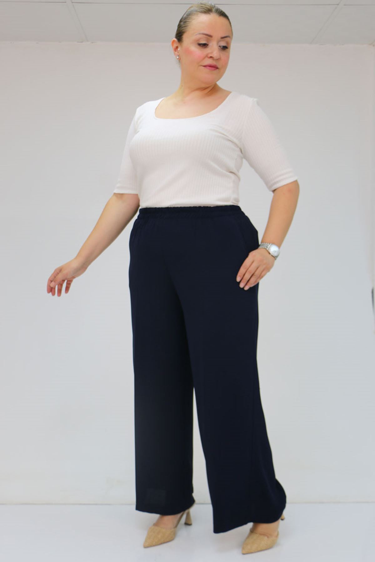 59014 Büyük Beden Beli Lastikli Bolpaça Pantolon - Lacivert