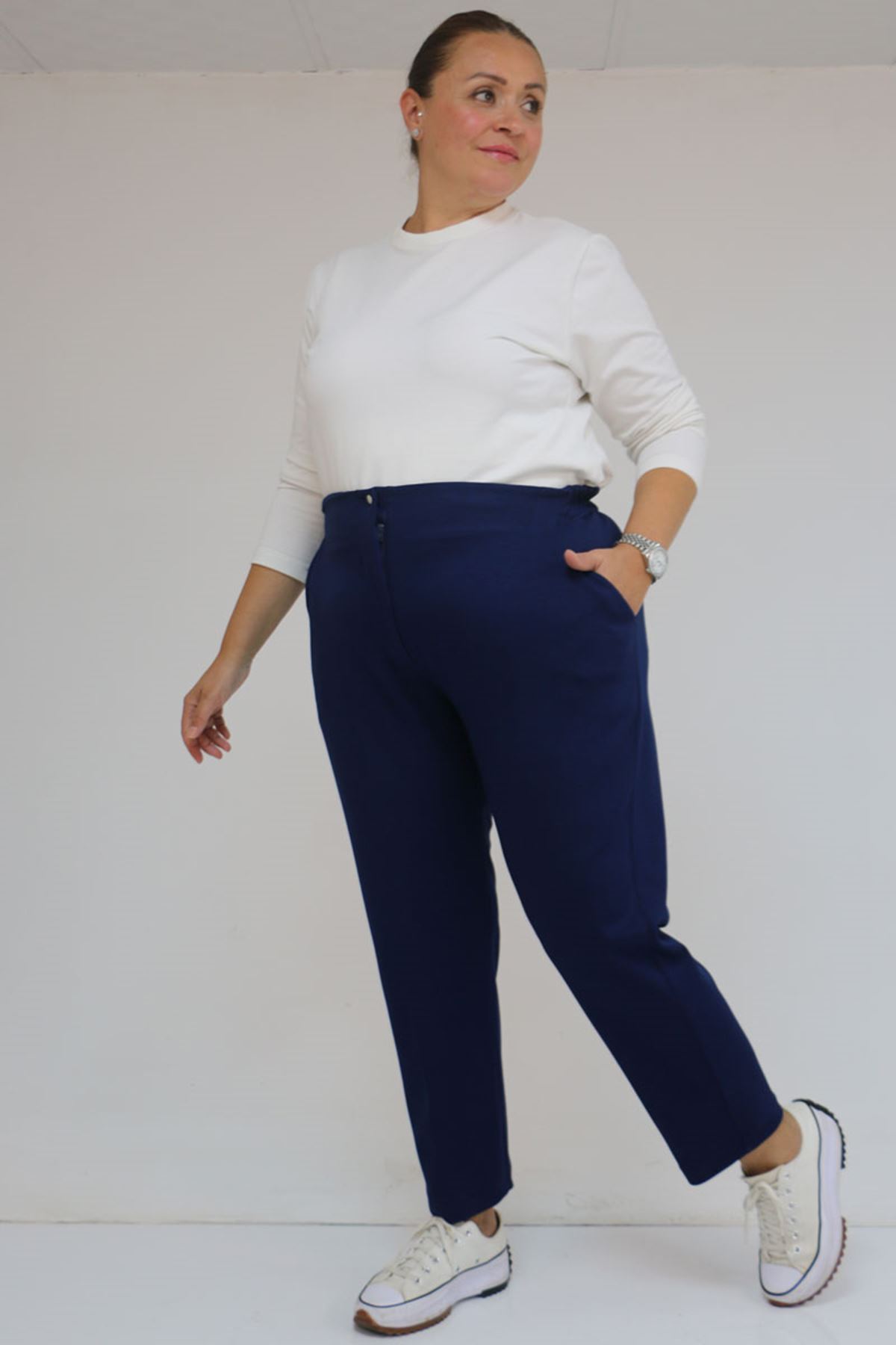 59013 Büyük Beden Arkası Lastikli Cepli Modal Pantolon - İndigo