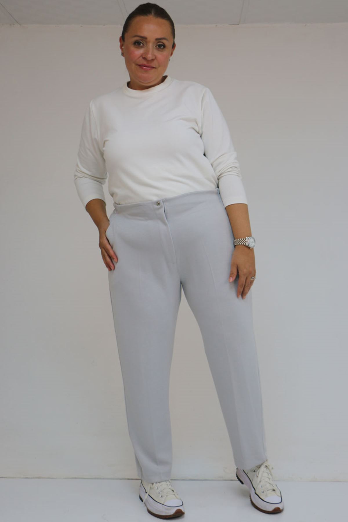 59013 Büyük Beden Arkası Lastikli Cepli Modal Pantolon - Gri