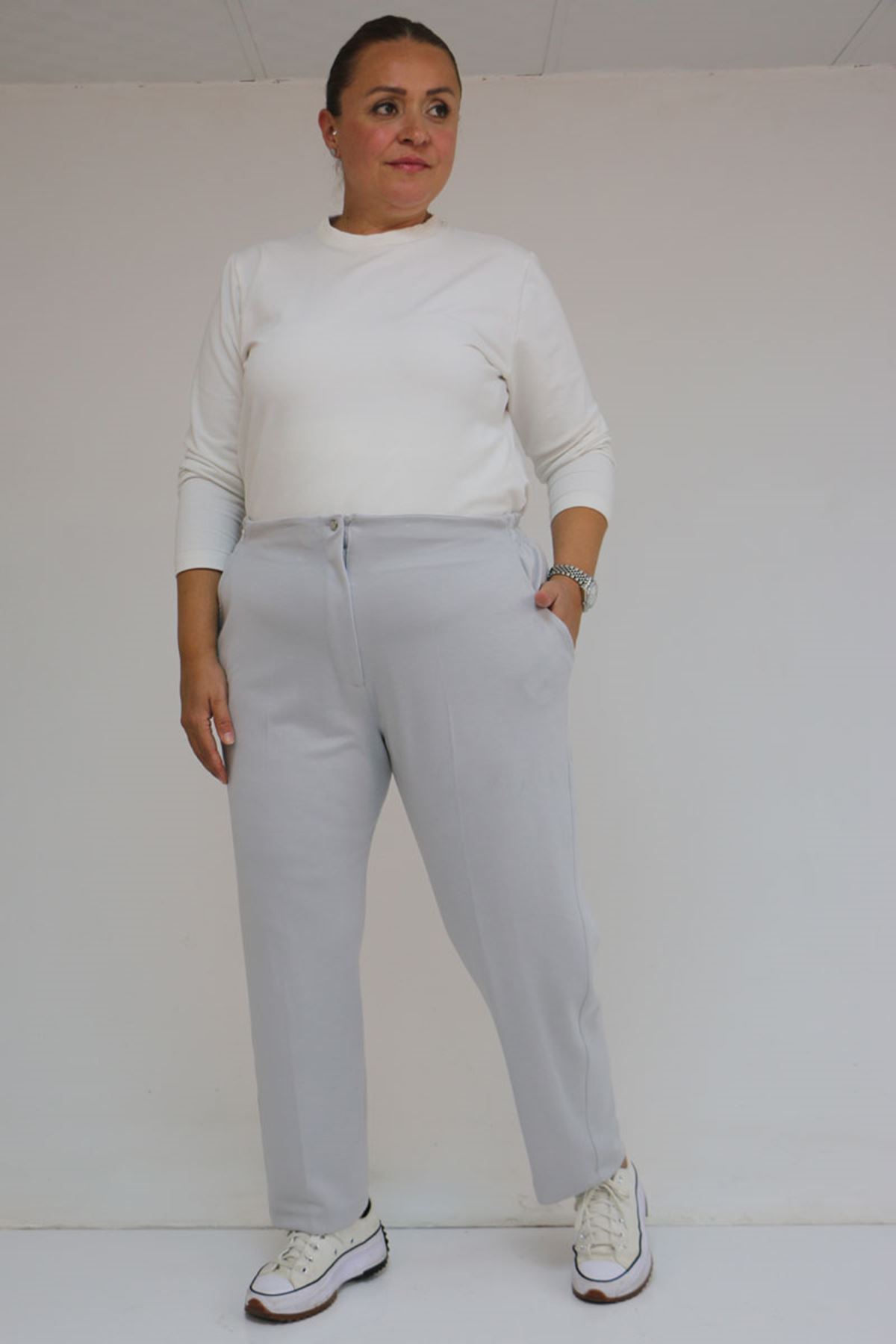 59013 Büyük Beden Arkası Lastikli Cepli Modal Pantolon - Gri