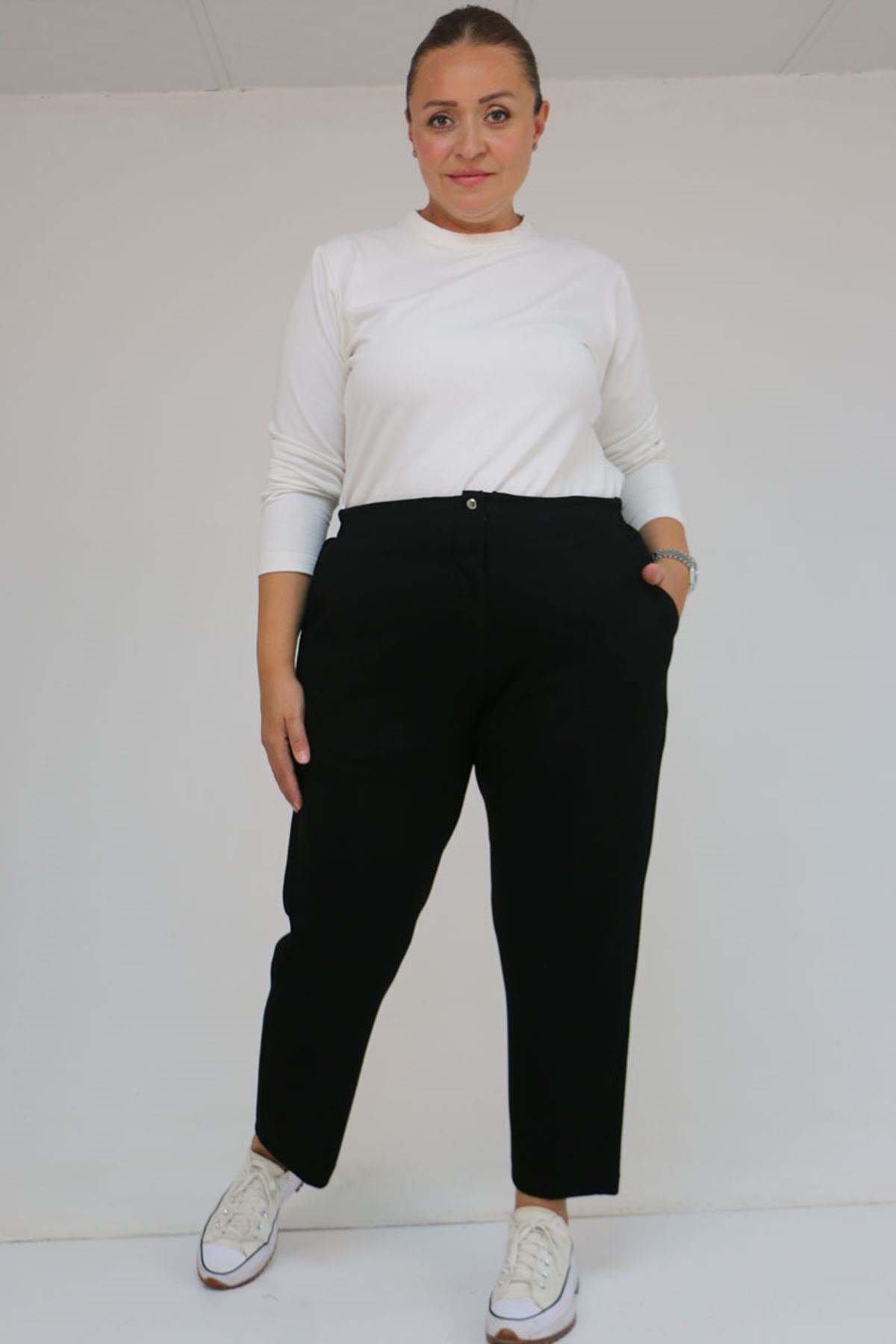 59013 Büyük Beden Arkası Lastikli Cepli Modal  Pantolon - Siyah