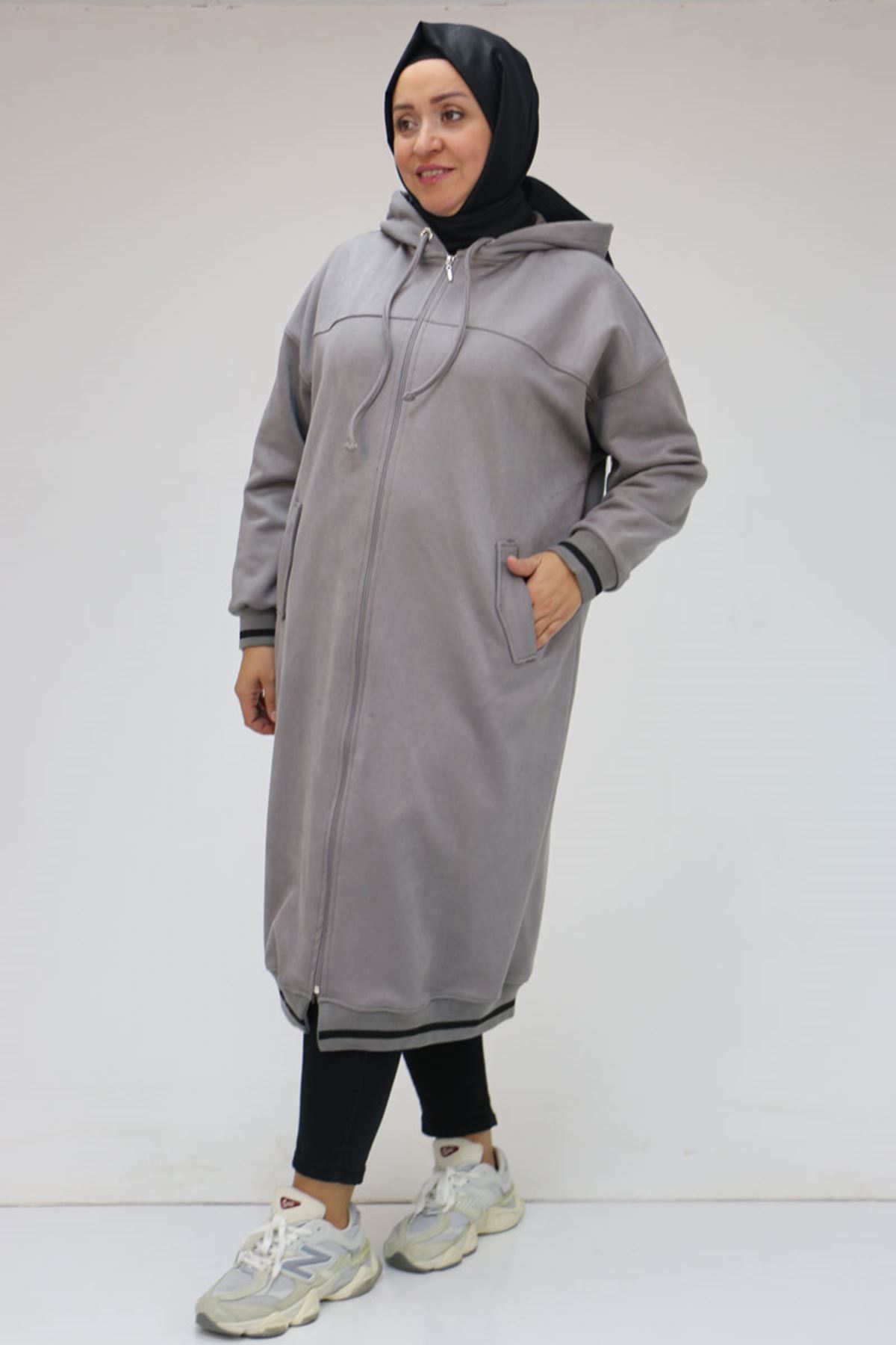 33074 Büyük Beden Nubuk Ribanalı Kap - Gri