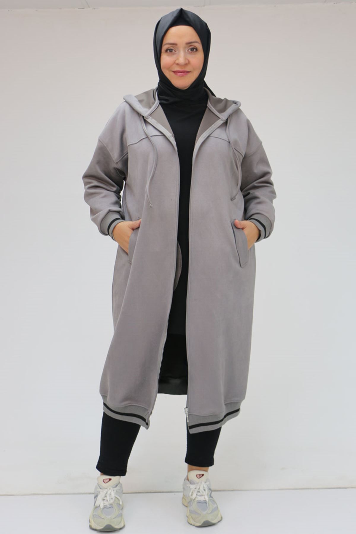 33074 Büyük Beden Nubuk Ribanalı Kap - Gri