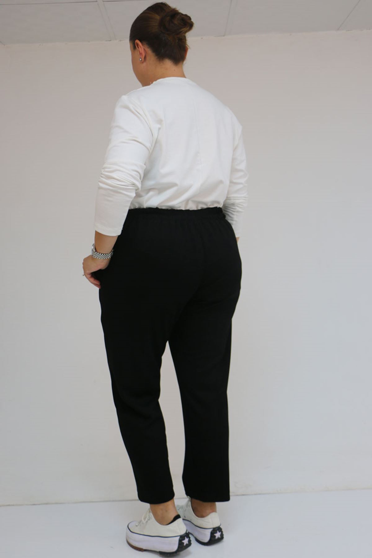 59013 Büyük Beden Arkası Lastikli Cepli Modal  Pantolon - Siyah