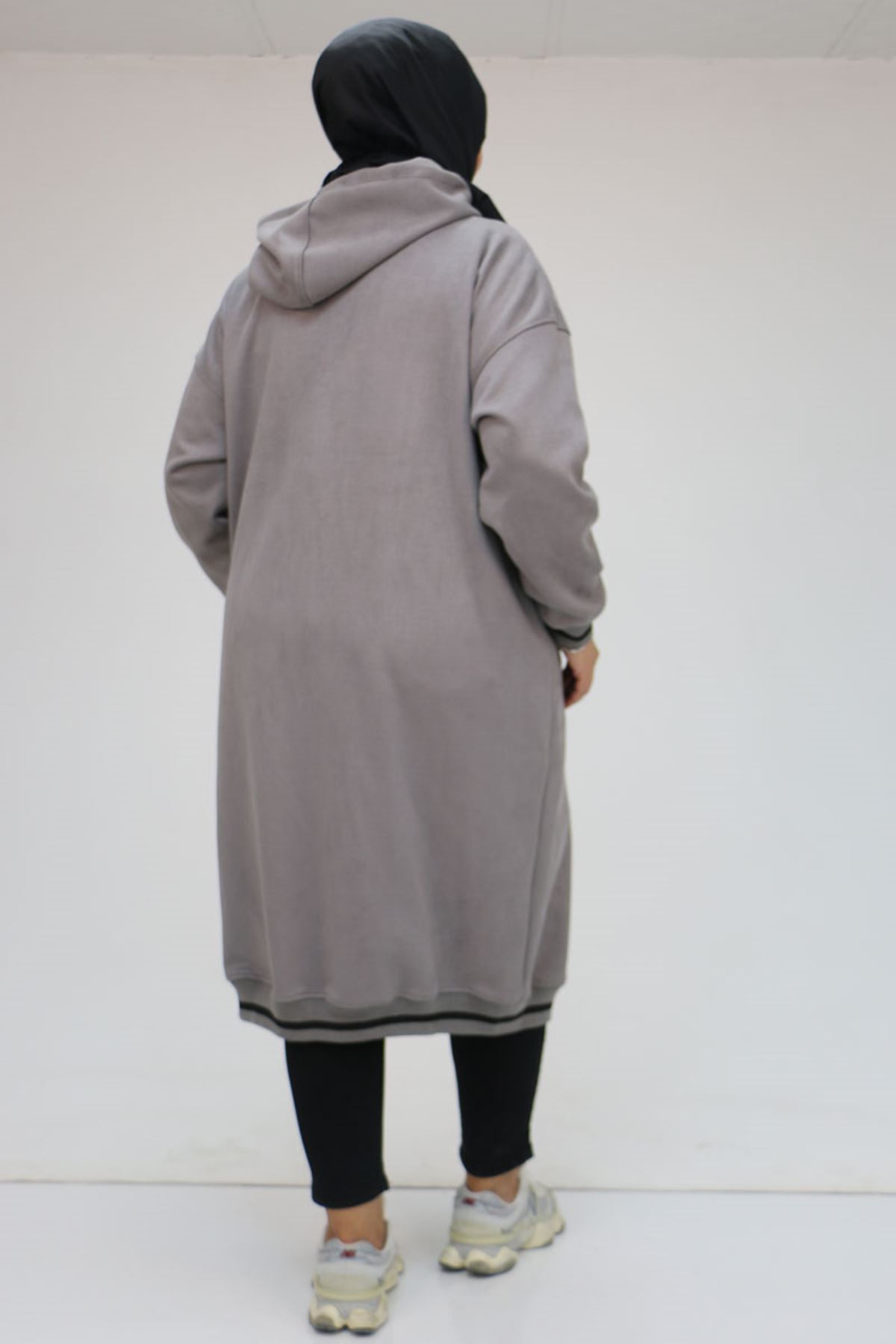 33074 Büyük Beden Nubuk Ribanalı Kap - Gri