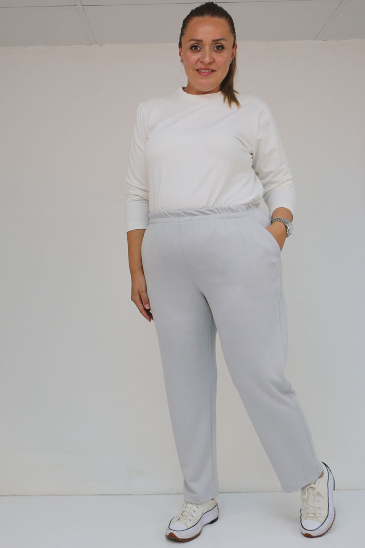 59029 Büyük Beden Beli Lastikli Boru Paça Modal Pantolon - Gri