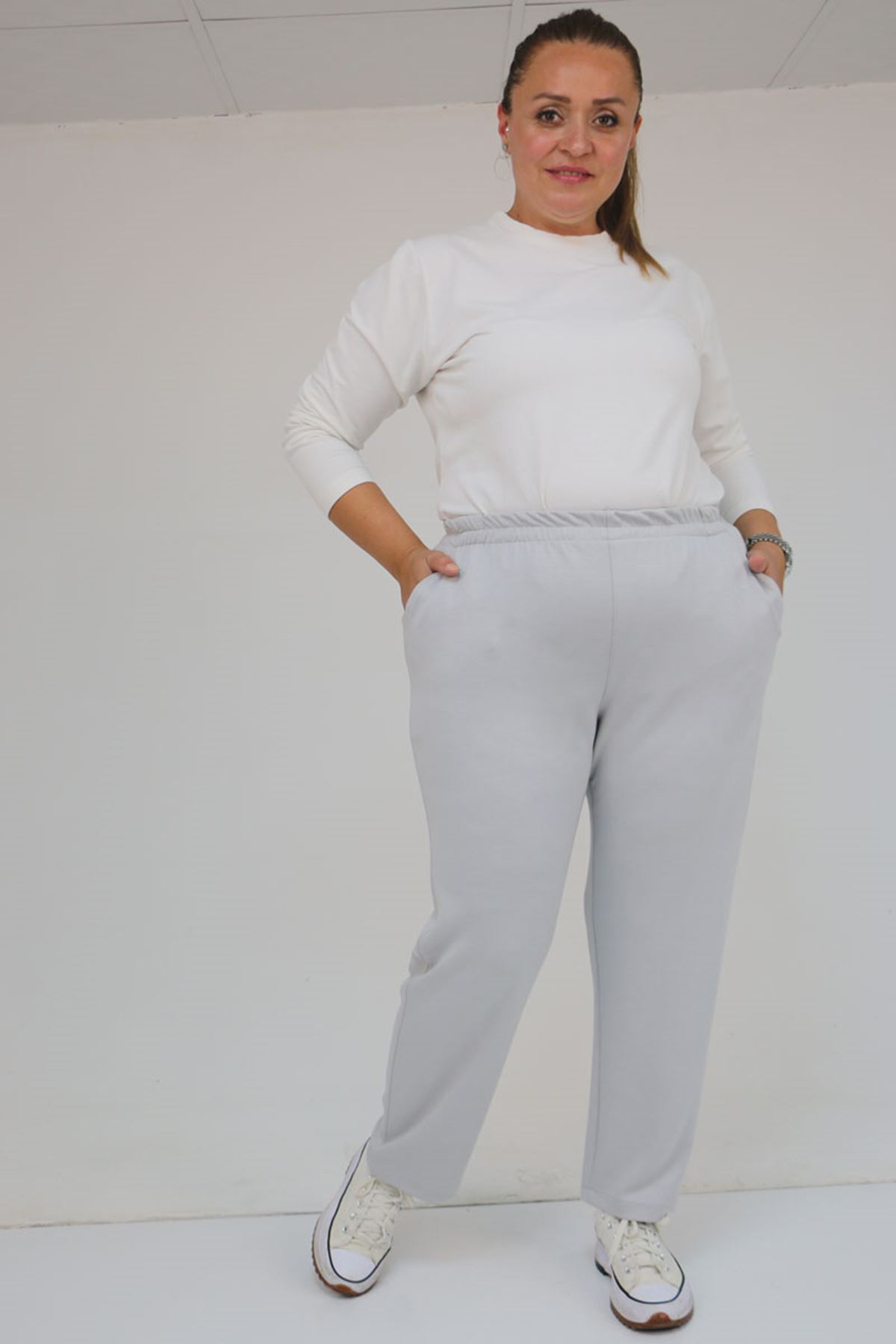 59029 Büyük Beden Beli Lastikli Boru Paça Modal Pantolon - Gri