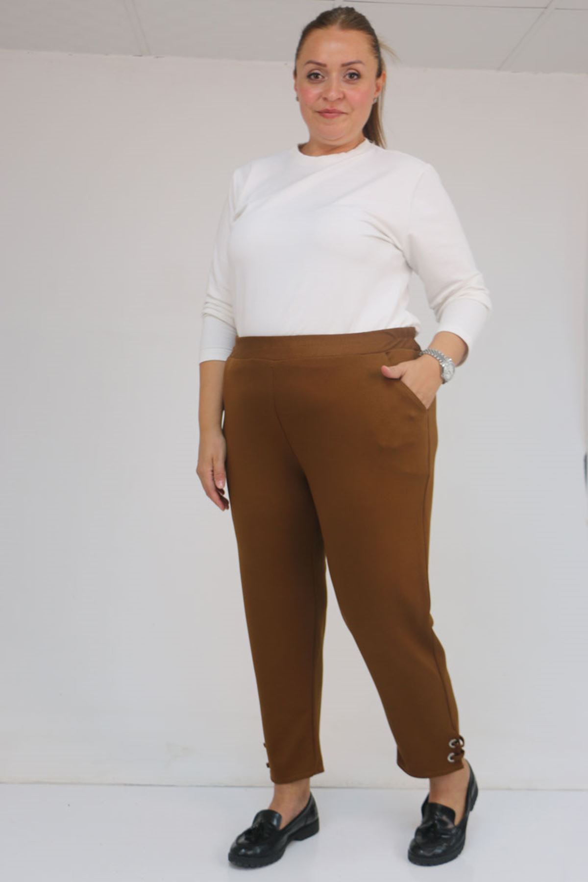 59012 Büyük Beden Paçasında Kuş Gözü Detaylı Modal Pantolon - Taba