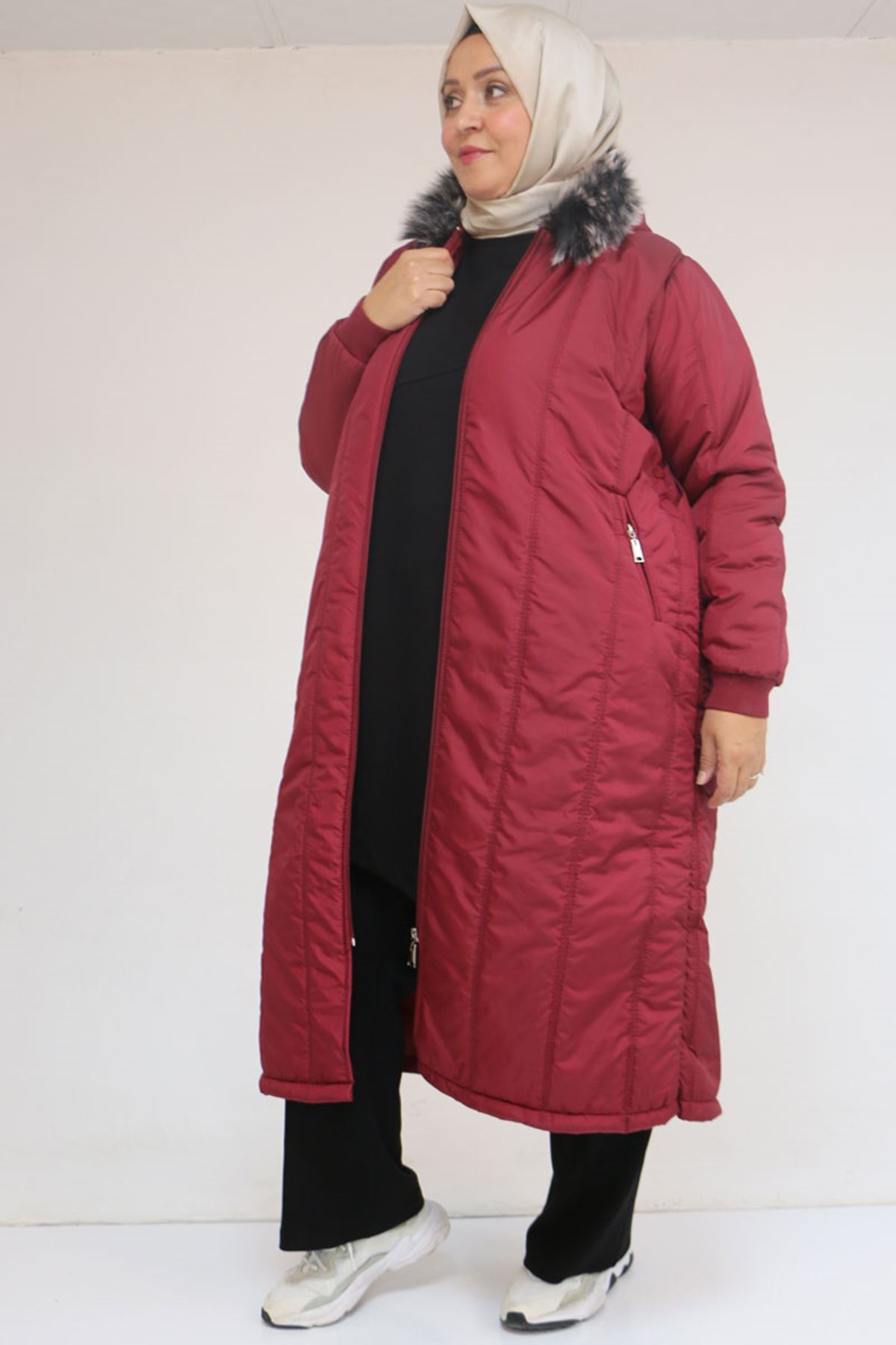 33093 Büyük Beden Kapişonlu Kapitone Ceket-Bordo