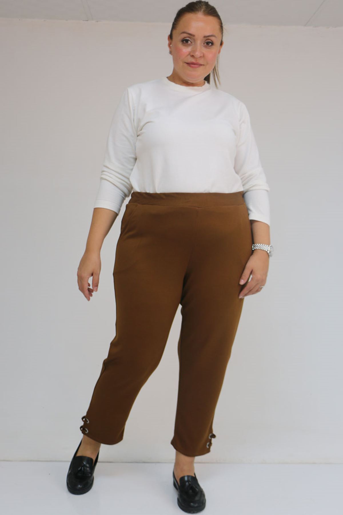 59012 Büyük Beden Paçasında Kuş Gözü Detaylı Modal Pantolon - Taba