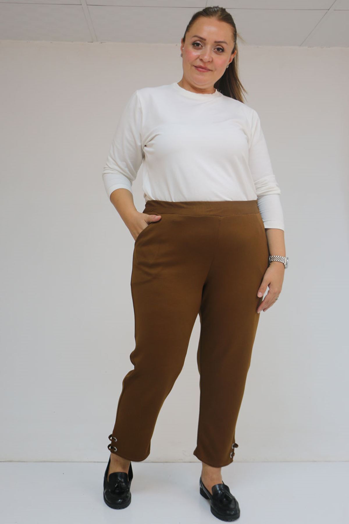 59012 Büyük Beden Paçasında Kuş Gözü Detaylı Modal Pantolon - Taba