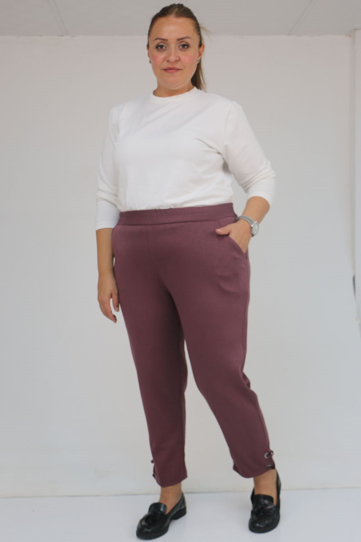 59012 Büyük Beden Paçasında Kuş Gözü Detaylı Modal Pantolon - Gül Kurusu