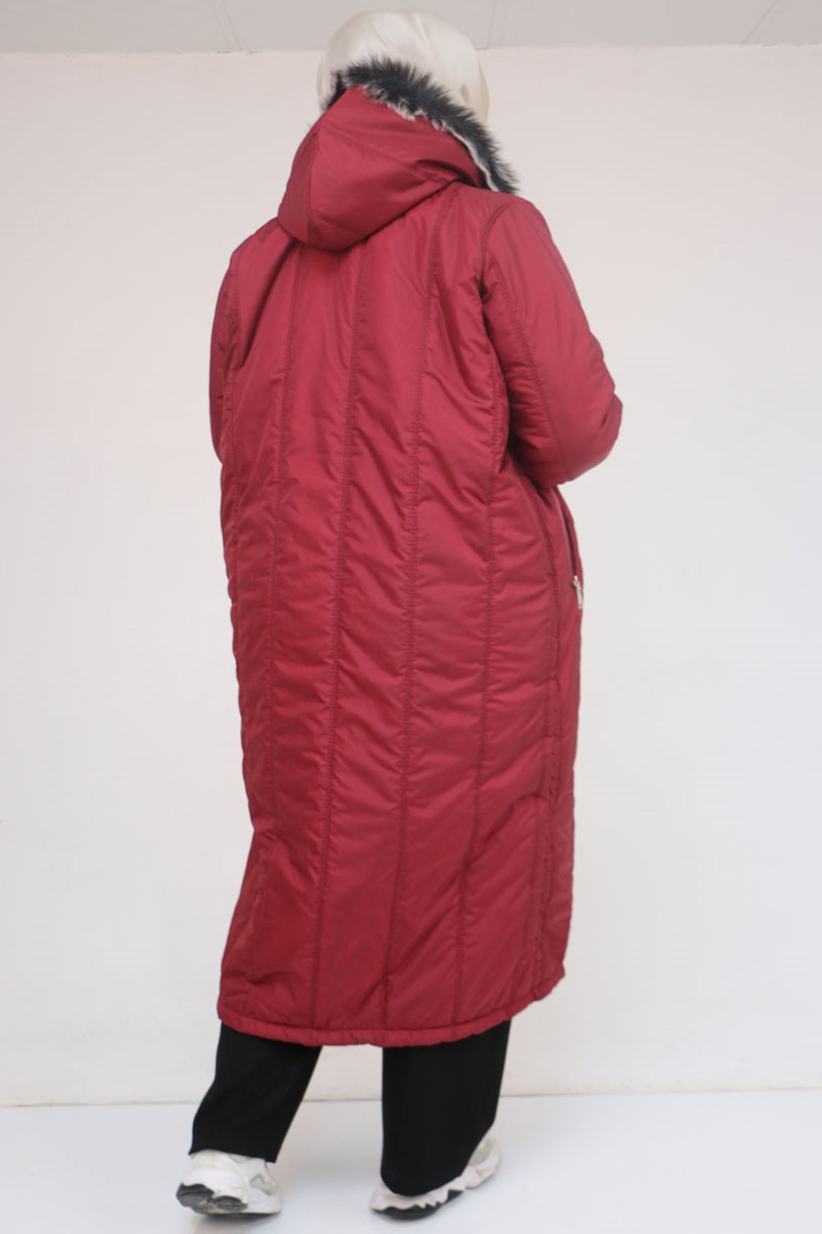 33093 Büyük Beden Kapişonlu Kapitone Ceket-Bordo