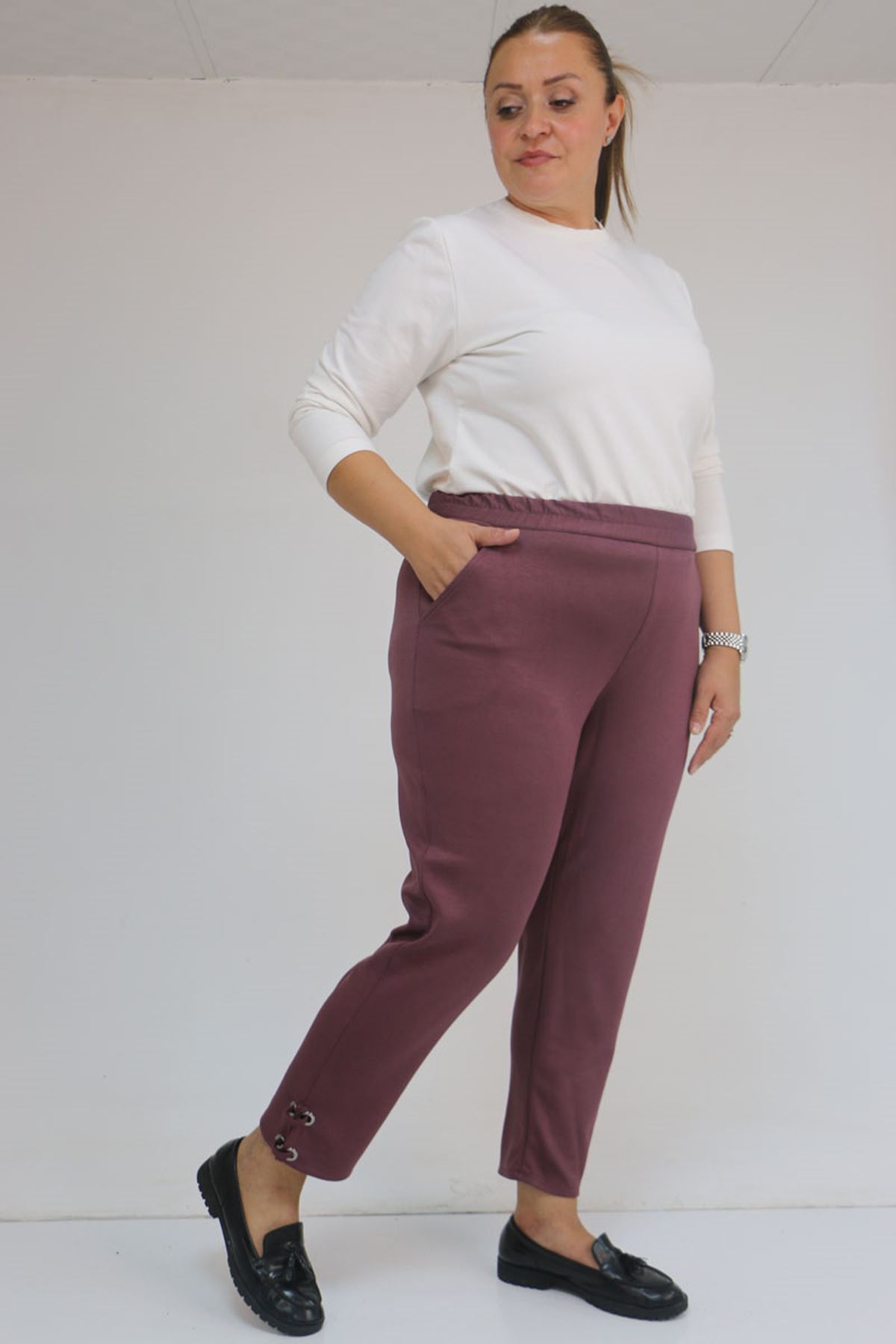 59012 Büyük Beden Paçasında Kuş Gözü Detaylı Modal Pantolon - Gül Kurusu