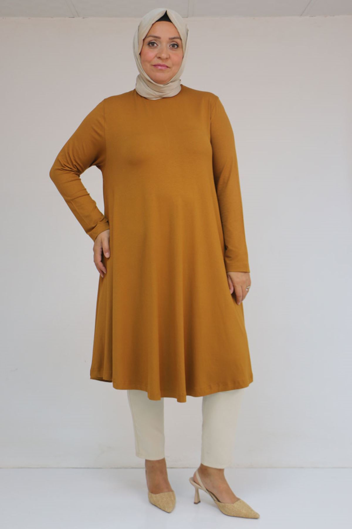 28016 Büyük Beden Penye Mevlana Tunik - Hardal
