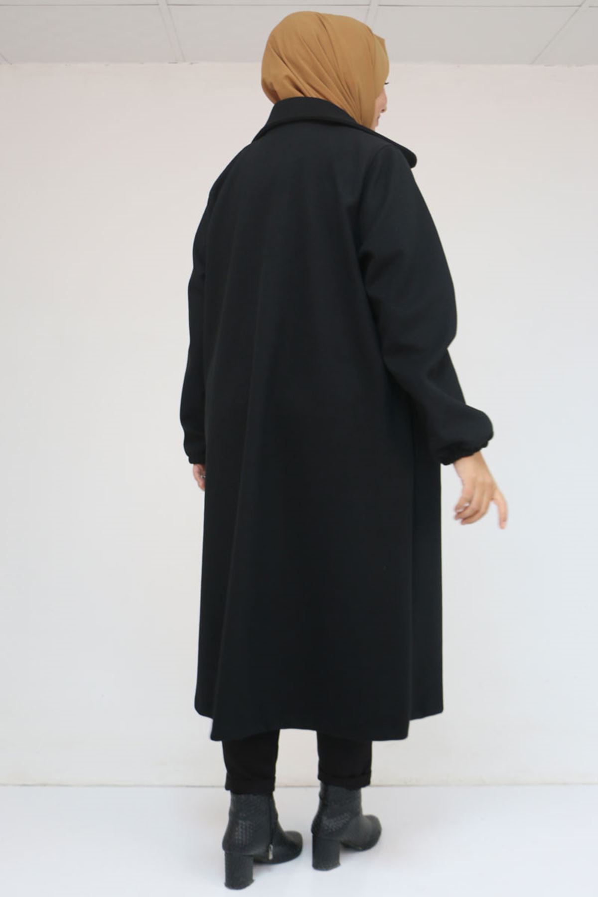 43090 Büyük Beden Yakalı -Kuşaklı Kolu Lastikli Kaşe Kaban - Siyah