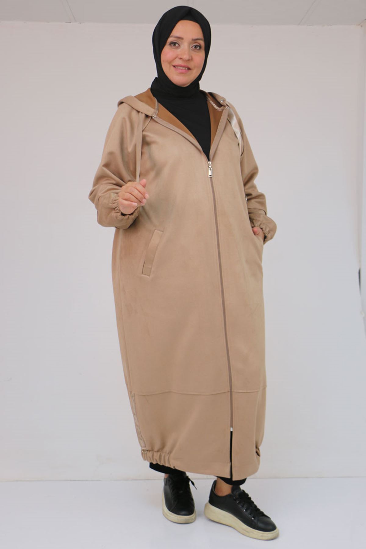 43078 Büyük Beden Kolları Lastikli Pat Detaylı Nubuk Kap - Vizon