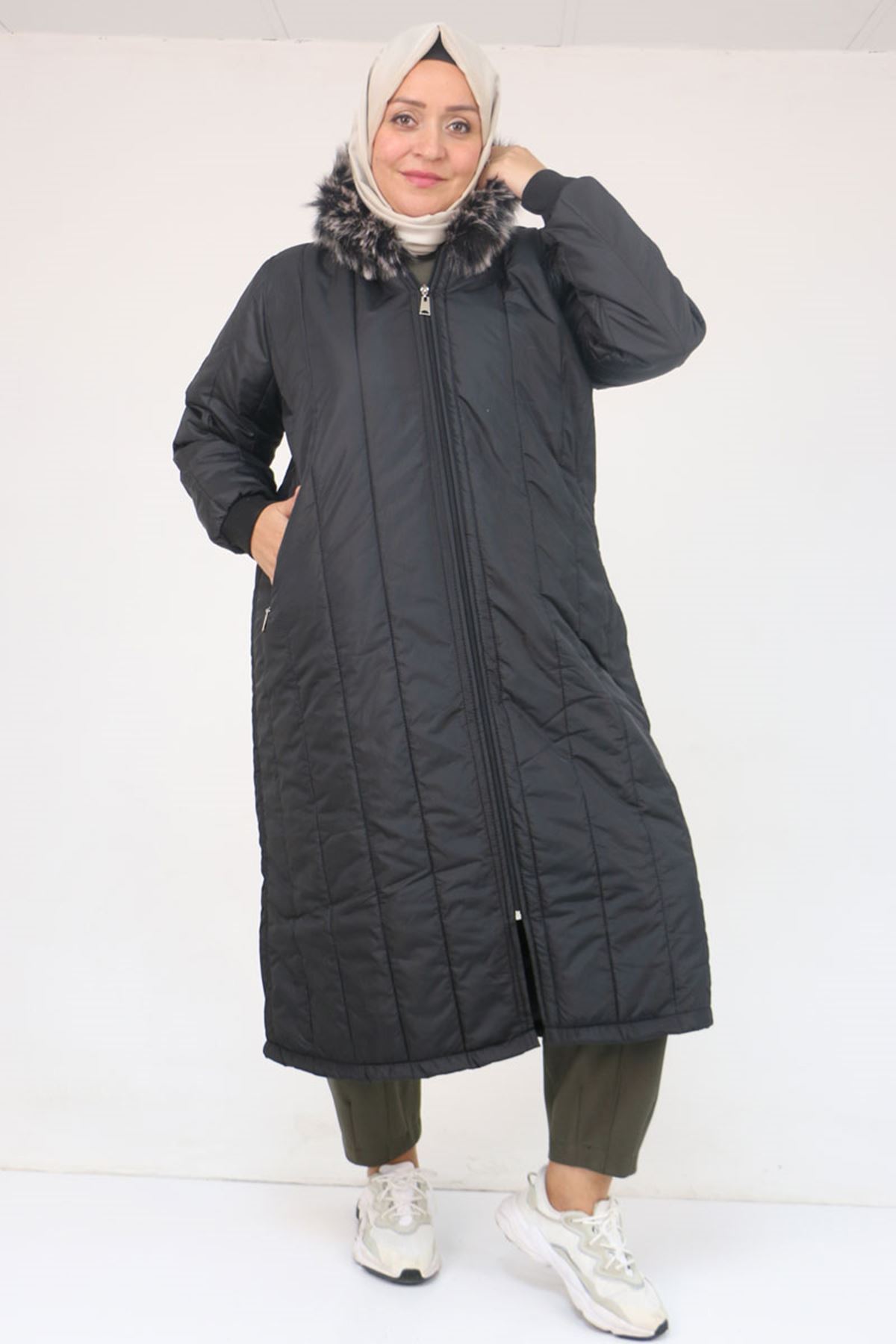 33093 Büyük Beden Kapişonlu Kapitone Ceket-Siyah