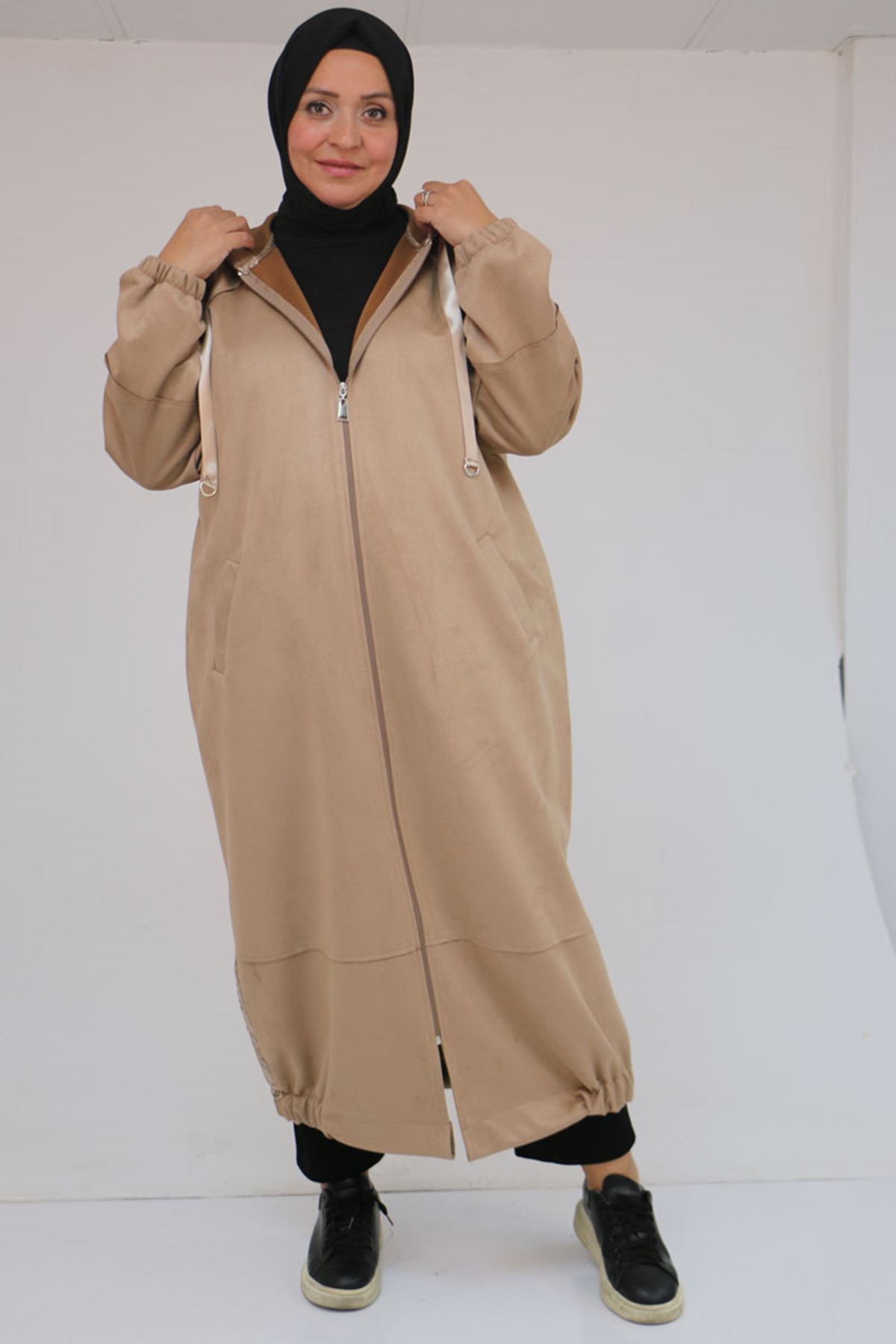 43078 Büyük Beden Kolları Lastikli Pat Detaylı Nubuk Kap - Vizon