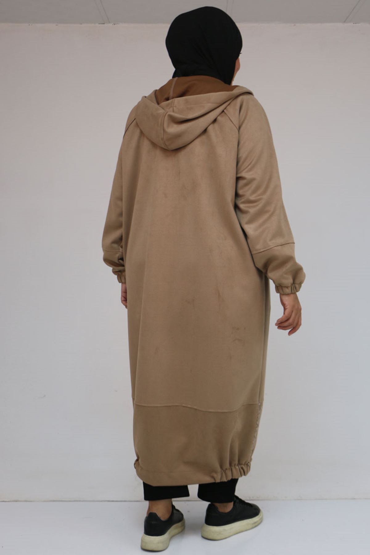 43078 Büyük Beden Kolları Lastikli Pat Detaylı Nubuk Kap - Vizon